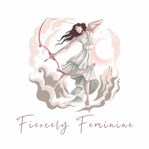 Fiercely Feminine Logo - Woman with archery bow and floaty stress amongst clouds. Envisaging strength and femininity.