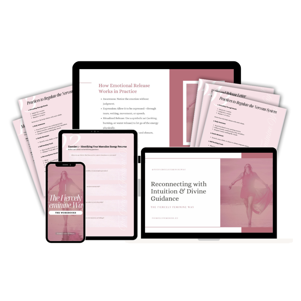 Display of electronic devices displaying The Fiercely Feminine Way online betrayal healing program and worksheets